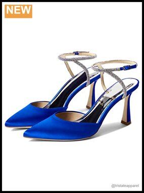 Rhinestone Kitten Heel Satin Pumps Pointed Toe Slingback